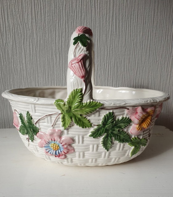 Image 1 of Antique majolica ceramic basket with flowers - hand-painted