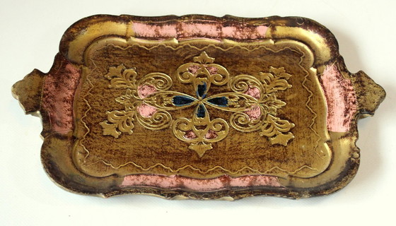 Image 1 of Piccolo vassoio fiorentino, legno, oro/rosa con accenti blu - vintage