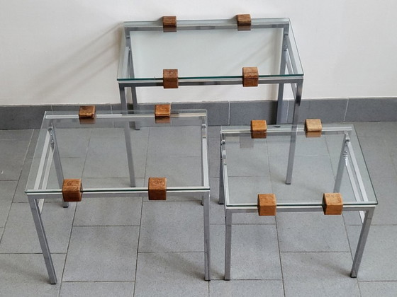 Image 1 of SET DI 3 TAVOLINI IMPILABILI SCANDINAVI VINTAGE ANNI '60 IN TEAK, ACCIAIO E VETRO ANNI '60