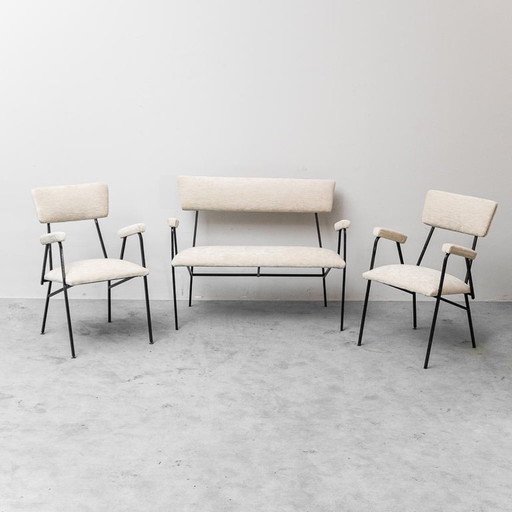  SALOTTINO VINTAGE CON DIVANETTO E POLTRONE IN METALLO E TESSUTO ANNI ’70 MODERNARIATO