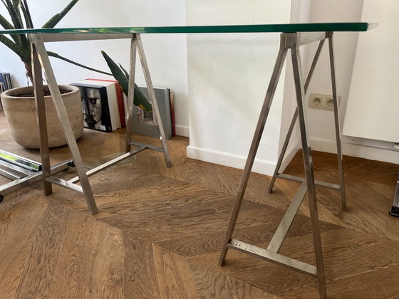 Image 1 of A MID - CENTURY MODERN TRESTLE TABLE (AFTER MILO BAUGHMAN)