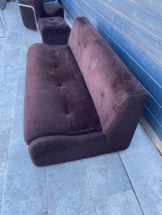 Image 1 of Divano da salotto modulare poltrona poggiapiedi stile Bauhaus in velluto a coste marrone e cromo vintage 1970