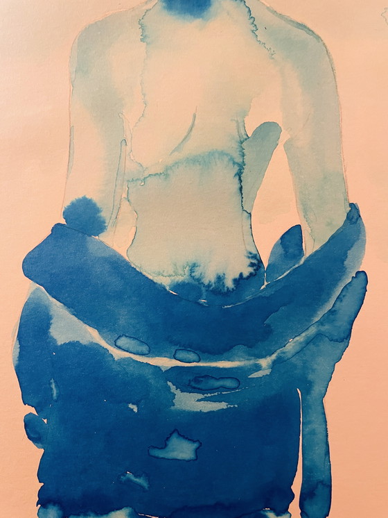 Image 1 of Gesigneerd aquarel monochroom blauw portret vrouw "weekend in Capri ".