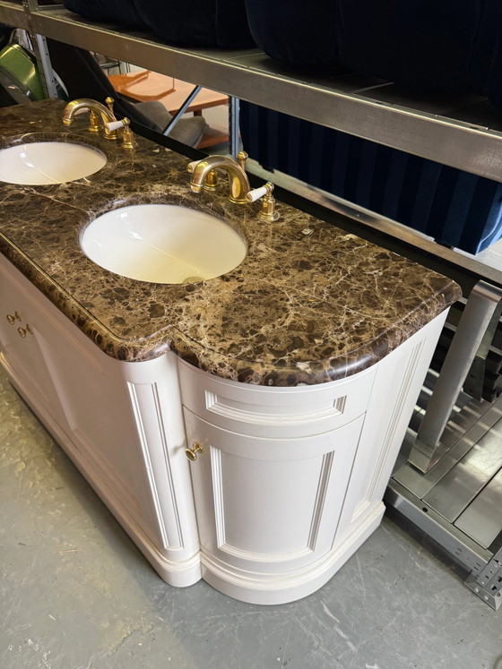 Classic Double Marble Top Bathroom Vanity & Gold Hardware – Storage cabinet (photo 5 of 12)