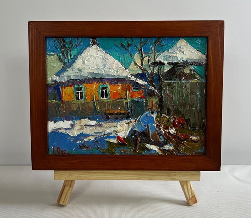 Original Oil Painting Winter Houses Landscape Frosty morning in the village