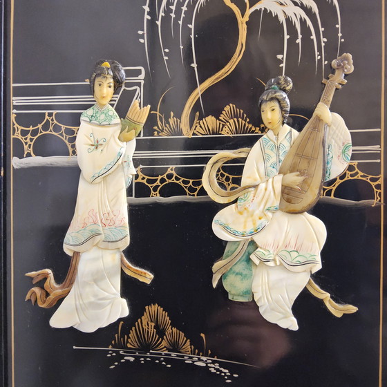 Image 1 of Vintage Chinese Lacquer Secretary / Desk with Mother-of-Pearl Overlay / Bohemian / Oriental Cabinet