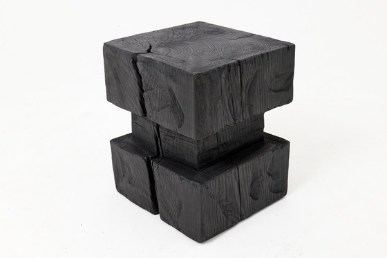 Image 1 of Sculpturale hardhouten bijzettafel, kruk, gebrand hout, handgesneden, Logniture