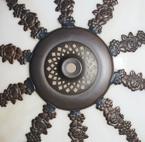 Image 1 of Large (52cm) Tiffany Stained Glass Table Lamp Peacock Feathers
