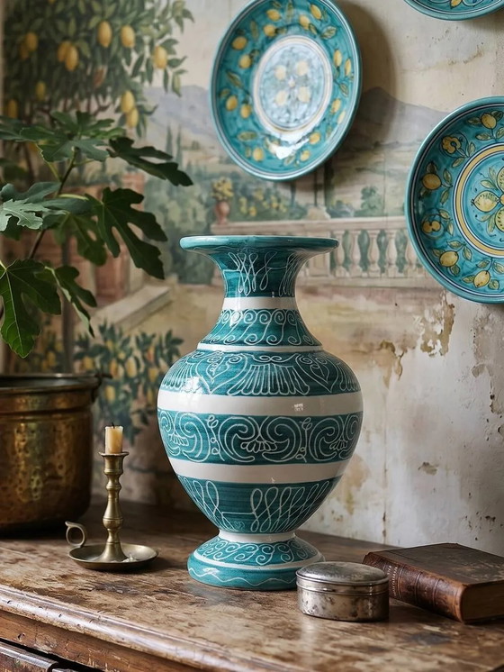 Vaso a balaustro vintage in ceramica turchese con decorazione incisa. – Vasi, Porcellana (photo 4 of 16)
