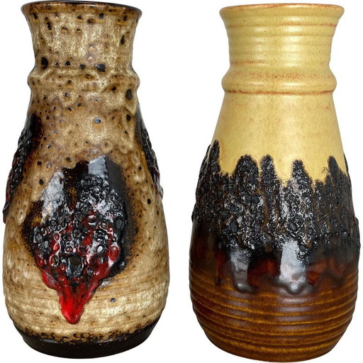 Paire de vases Op Art en lave grasse multicolore de Bay Ceramics, Allemagne, années 1970