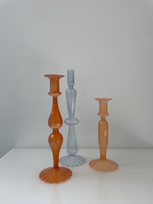 Set of 3 glass candlesticks in orange and blue