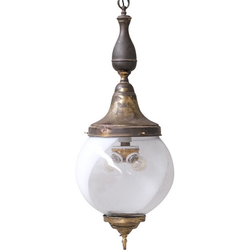 Vintage glass and brass pendant lamp, France 1930