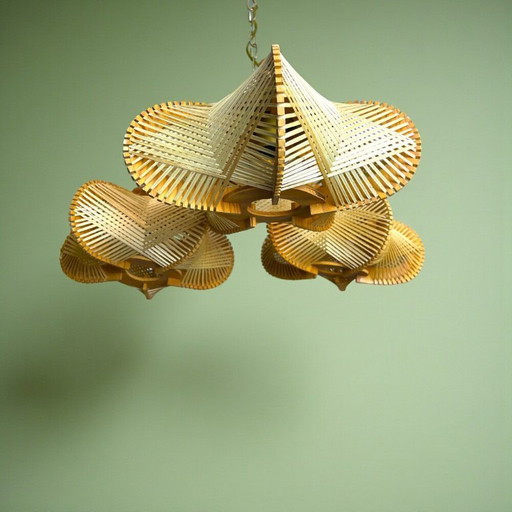 Rustic wooden chandelier with 3 lights wood straw, 1960s