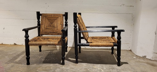 Ensemble de 2 chaises en bois et corde dans le style Adrien Audoux & Frida Minnet