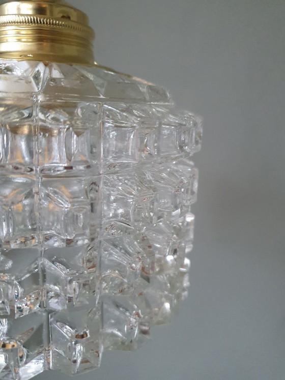Image 1 of Mid-century vintage pendant lamp of thick, textured glass.