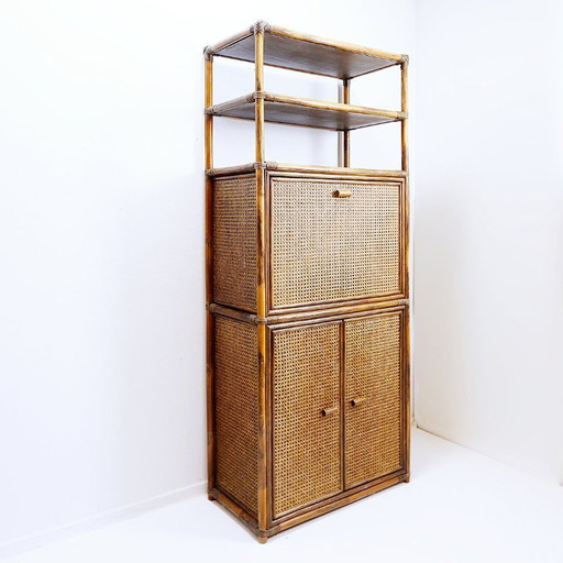 Estantería/bar de bambú y ratán de los años 70