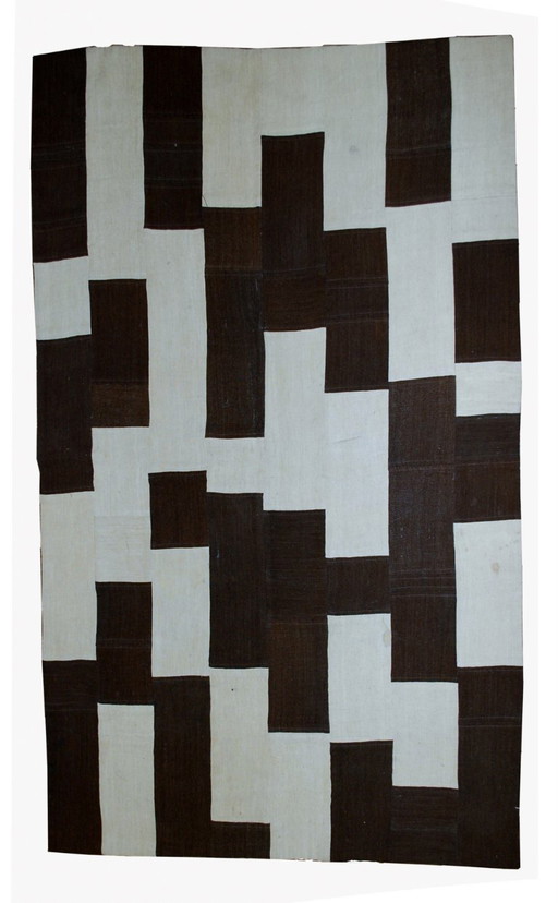 Kilim turco vintage fatto a mano con tecnica patchwork, 161 cm x 212 cm, anni '70 - 1B532