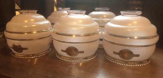 Image 1 of Lot de 5 bobêches anciennes, rose clair, en verre Booms De Rupel, Belgique