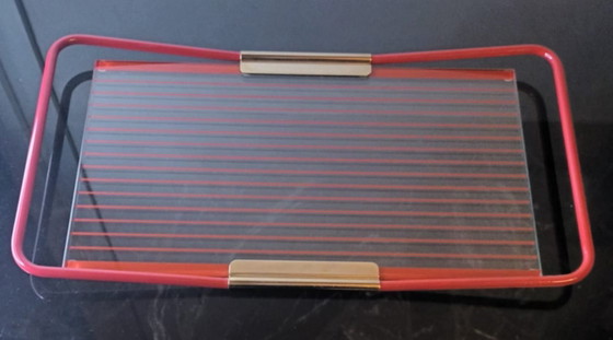 Image 1 of Vintage MB Patent Red Metal & Glass Serving Tray - Made in Italy - 1970s/1980s