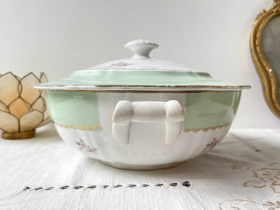 Vintage 1950s L'Amandinoise Frankrijk Astrid Model Bloemen Wit en Groen Porseleinen Soepterrine – Servies (photo 3 of 11)