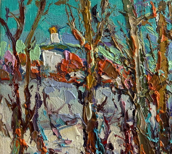 Image 1 of Original Oil Painting Winter Church Landscape Sunny winter day