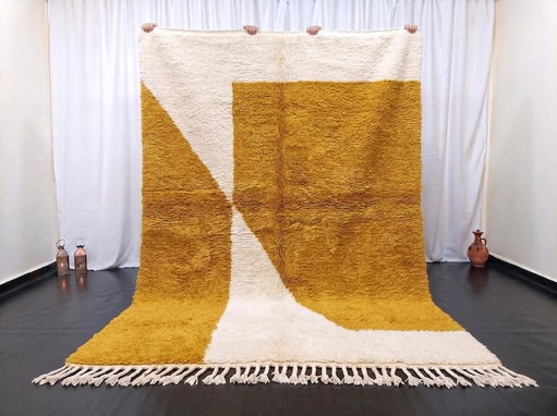 Alfombra tejida a mano de pura lana, blanca y mostaza, 1,5/2,5 m – Ahrend, vloerkleden en tapijten, Wool