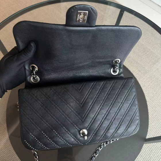 Image 1 of Chanel Seasonal Flap - Studded 25CM Chevron Calfskin Black Silver Hardware Series 24