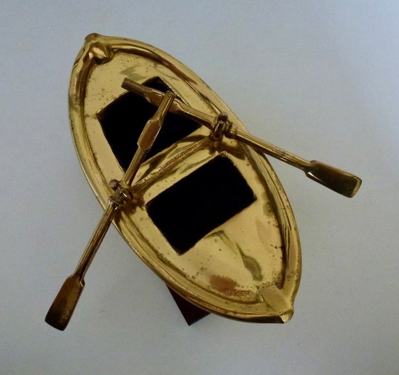 Brass boat sculpture on wooden base, Decorative Objects, Gold, Vintage (photo 3 of 12)