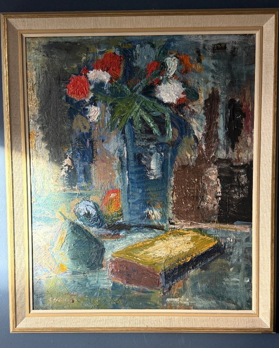 Image 1 of Nature morte expressionniste « Fête florale » huile sur toile (1955) de Leif Nilsson