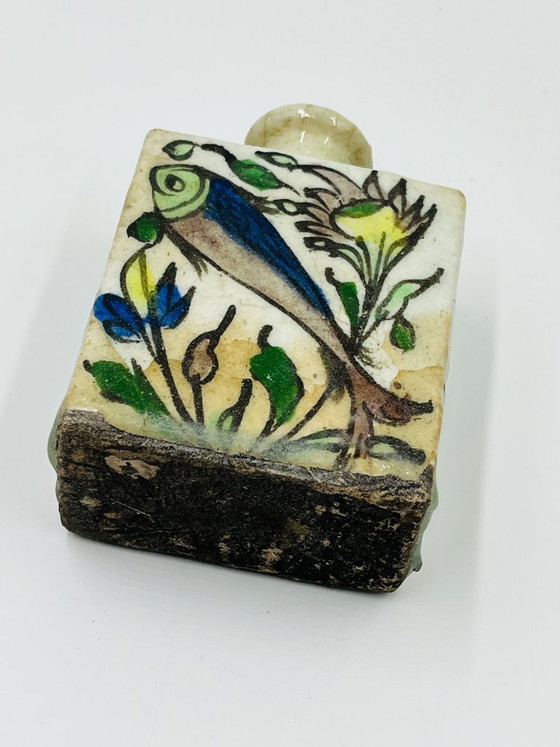 Image 1 of Antique Rectangular Ceramic Bottle, Persian Qajar Style, Fish Design, 19th Century
