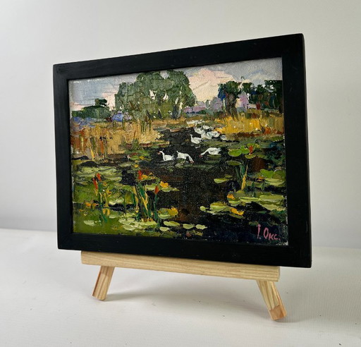 Original Oil Painting Summer Nature Landscape Geese in the lake