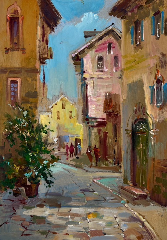 Image 1 of Original Oil Painting City Street Landscape Life between walls
