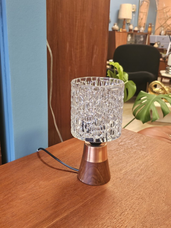 Image 1 of Vintage Glass Table Lamp Wooden Copper Base