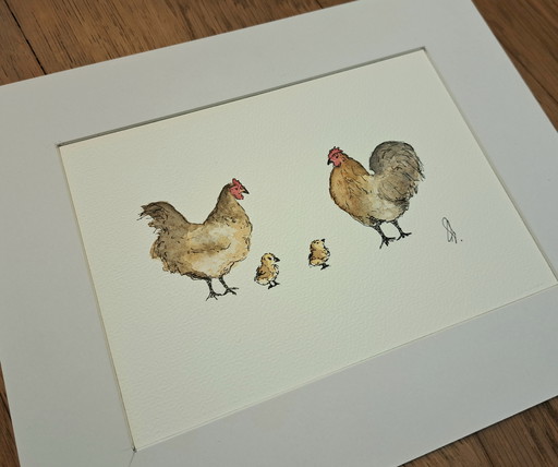 Watercolor painting chickens Original | Framed
