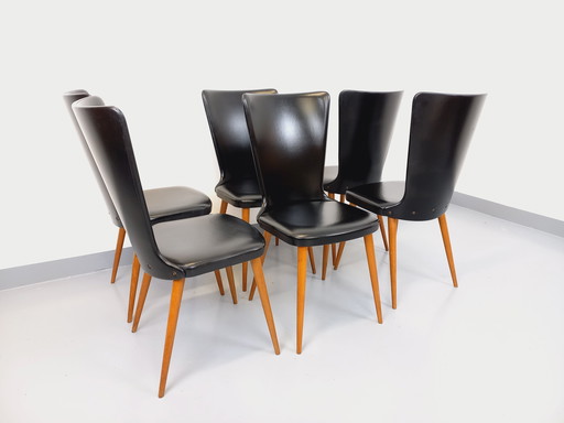 Suite of 6 Baumann Essor Vintage Beech and Skai Chairs from the 60s