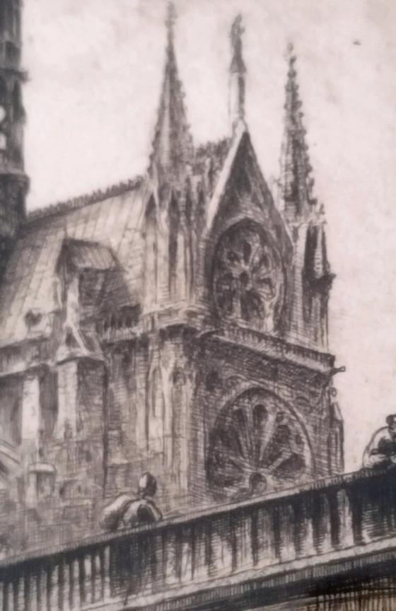 Eau-forte Originale d'Aimé Edmond Dallemagne, Intitulée Notre-Dame de Paris et le Pont au Double (photo 12 of 13)