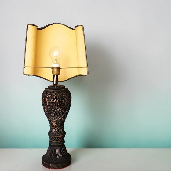 Image 1 of Large Portuguese Carved Wood Half Shade Buffet Table Lamp