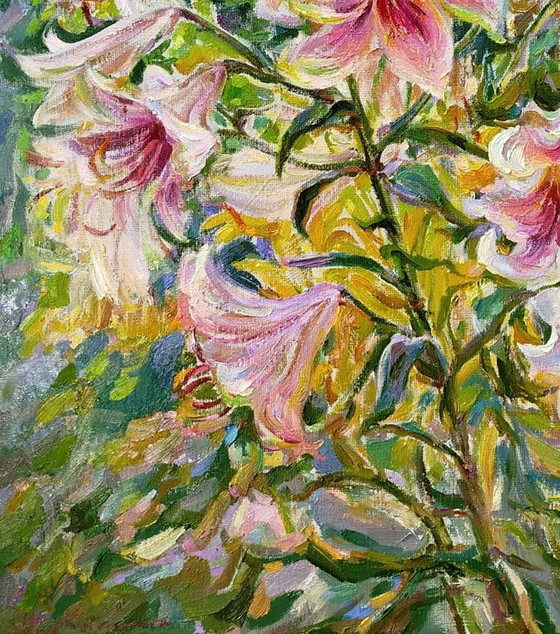 Original Oil Painting Nature Flowers Lilies Are Blooming – Paintings & Drawings, Canvas (photo 4 of 5)