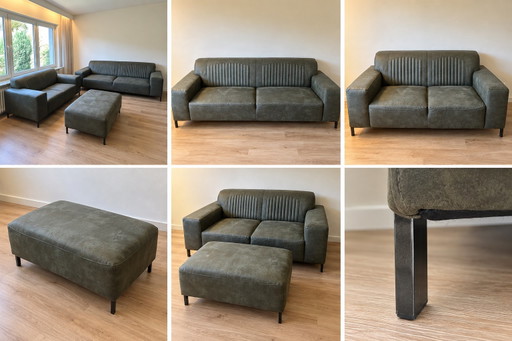 Ledersofa Set: 3-Sitzer, 2-Sitzer & Hocker