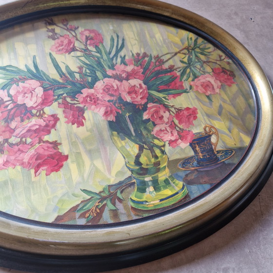 Image 1 of Stampa antica in cornice ovale dietro vetro dipinto floreale