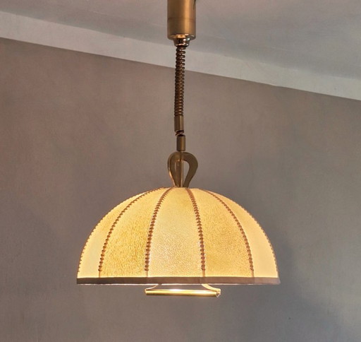Large Leather, Vellum and Brass Cocoon Chandelier, Italy 1950s