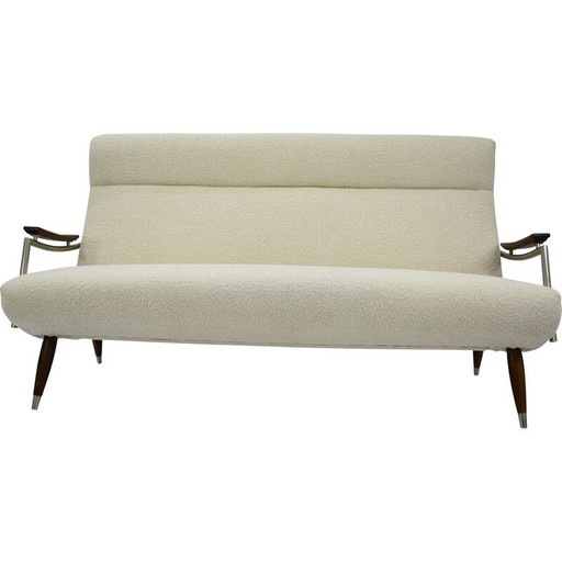 Canapé vintage 3 places en teck et tissu bouclé blanc, Danemark années 1960