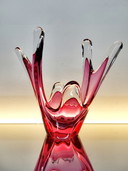Val Saint Lambert Bowl, Organic Design, Emerald Red Color And Clear Glass, 1980s