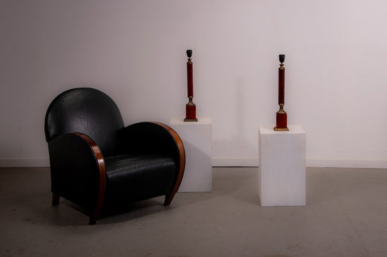 Image 1 of Set of French Empire style lamps made from amber bakelite and brass