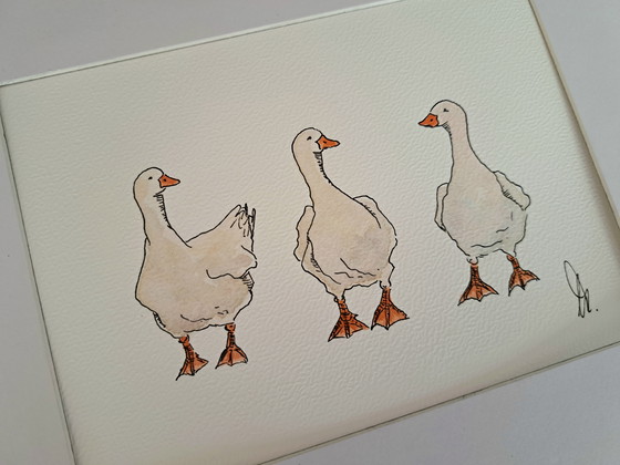 Image 1 of Aquarelle originale de trois oies avec cadre