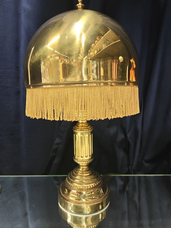 Attractive Vintage Table Lamp in Hollywood Regency Style, Metal, Textile, Gold (photo 4 of 8)