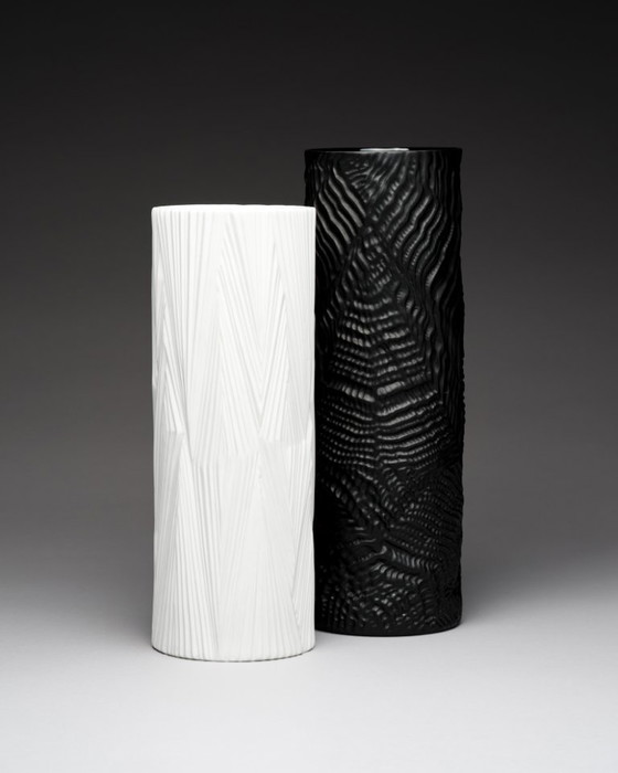 Image 1 of Rosenthal Vase Duo Martin Freyer Black & White Matte Porcelain Germany 1970s