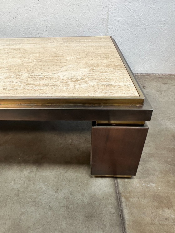 Image 1 of Grande table basse vintage, Belgochrom, Belgique, années 1970. Travertin et laiton