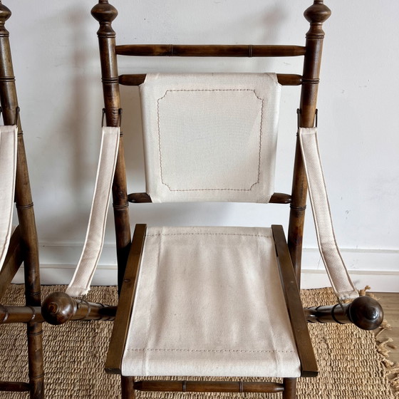 2 vintage campagne stoelen faux bamboo | jaren 70/80 Vintage – Eetkamerstoelen, Canvas, Wood (photo 11 of 12)