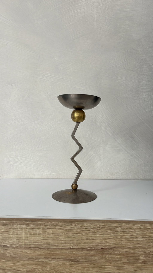 Memphis zigzag candlestick, 80s, metal and brass
